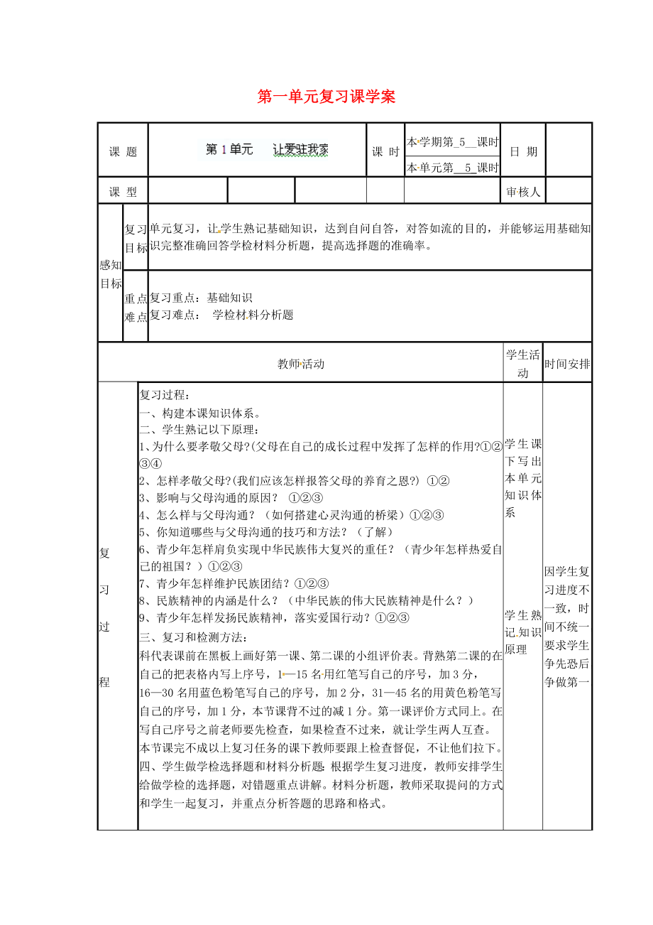 山東省濱州市鄒平實驗中學(xué)八年級政治上冊第1單元讓愛祝我家復(fù)習(xí)課學(xué)案魯教版_第1頁