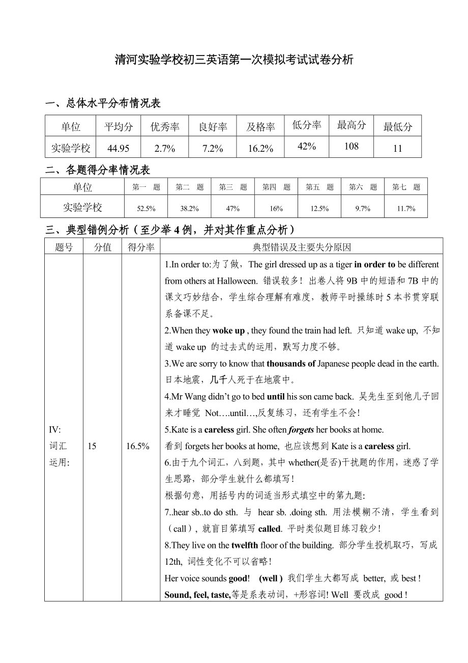 清河实验学校初三英语第一次模拟考试试卷分析_第1页