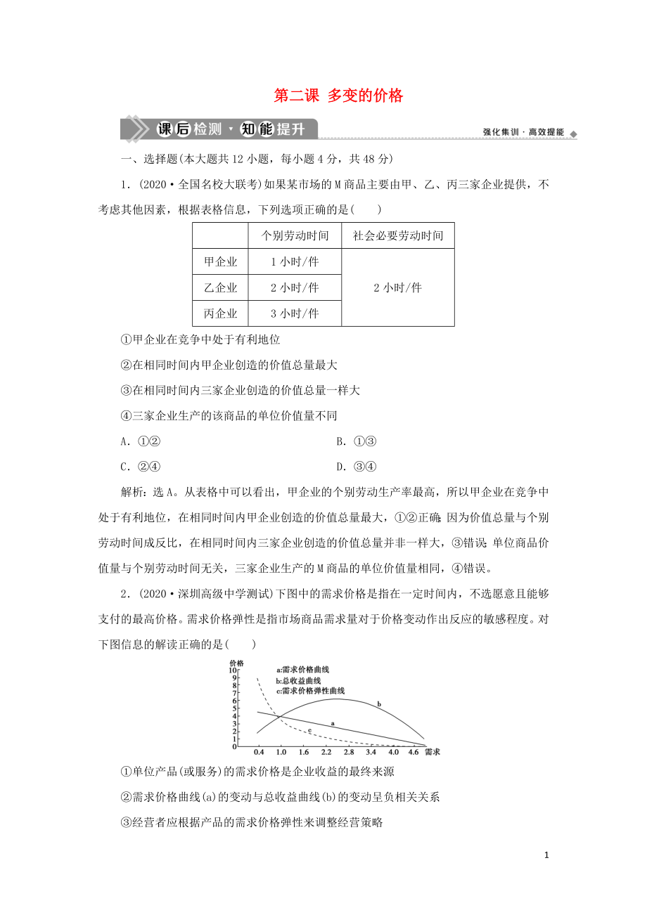 （選考）2021版新高考政治一輪復(fù)習(xí) 經(jīng)濟(jì)生活 第一單元 生活與消費(fèi) 2 第二課 多變的價格課后檢測知能提升_第1頁