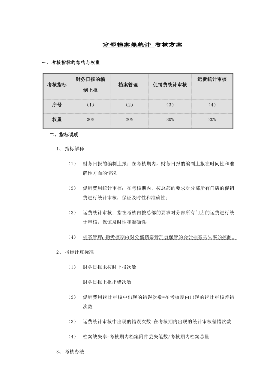 財務(wù)部檔案兼統(tǒng)計 考核方案_第1頁