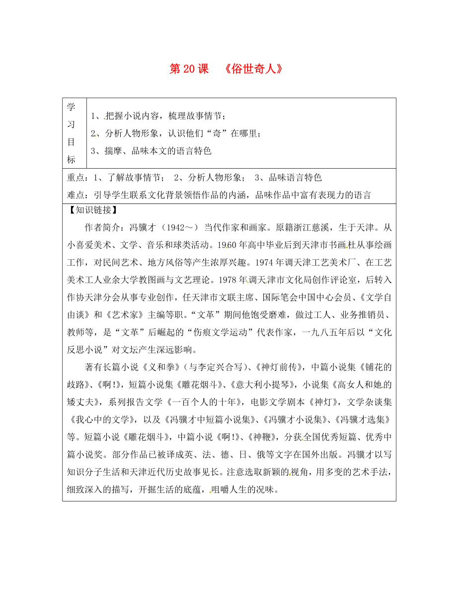 陜西省漢中市陜飛二中八年級語文下冊第20課俗世奇人導(dǎo)學(xué)案無答案新人教版_第1頁