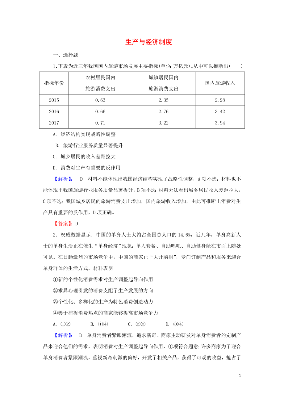 2020版高考政治一輪復(fù)習(xí) 第一部分 第二單元 第四課 生產(chǎn)與經(jīng)濟(jì)制度課時(shí)作業(yè)（含解析）新人教版_第1頁