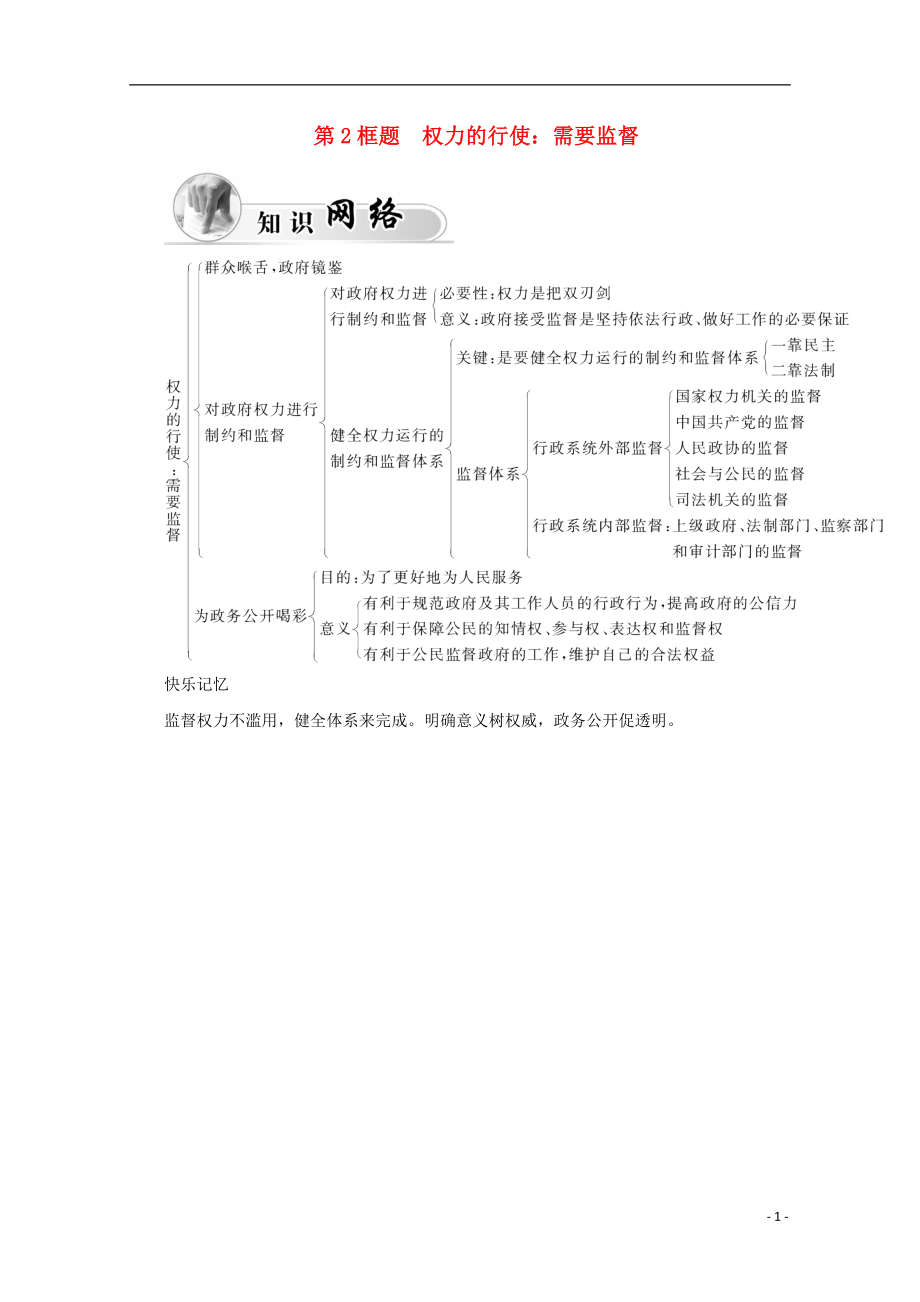 2015-2016高中政治 第二單元 為人民服務(wù)的政府 第四課 第2框題 權(quán)力的行使 需要監(jiān)督學(xué)案 新人教版必修2_第1頁(yè)