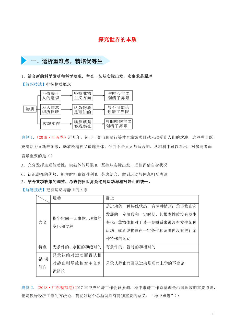 2020屆高三政治 精準(zhǔn)培優(yōu)專練十五 探究世界的本質(zhì)（含解析）_第1頁(yè)