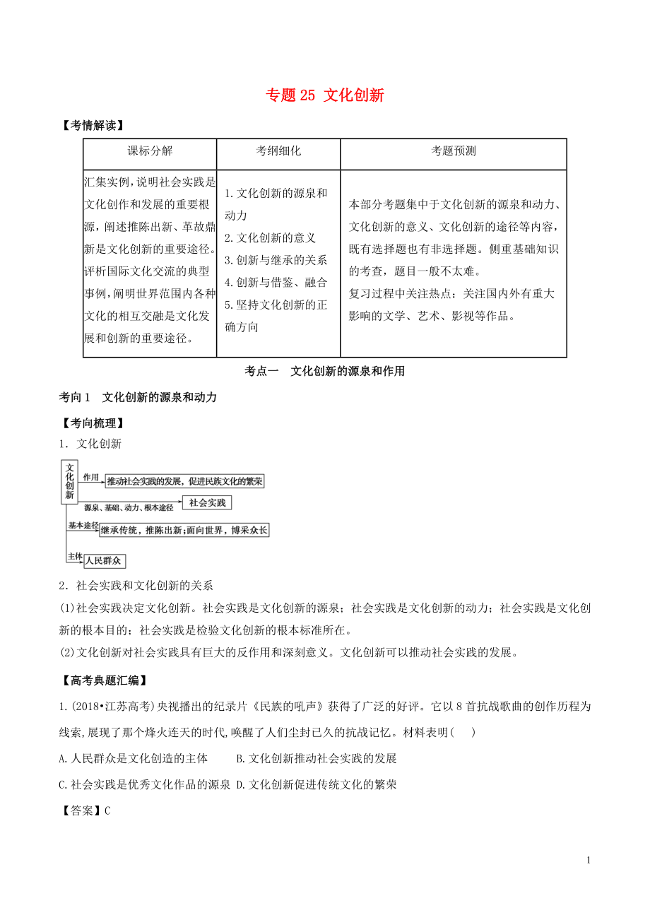 2019年高考政治題典 專題25 文化創(chuàng)新（含解析）_第1頁