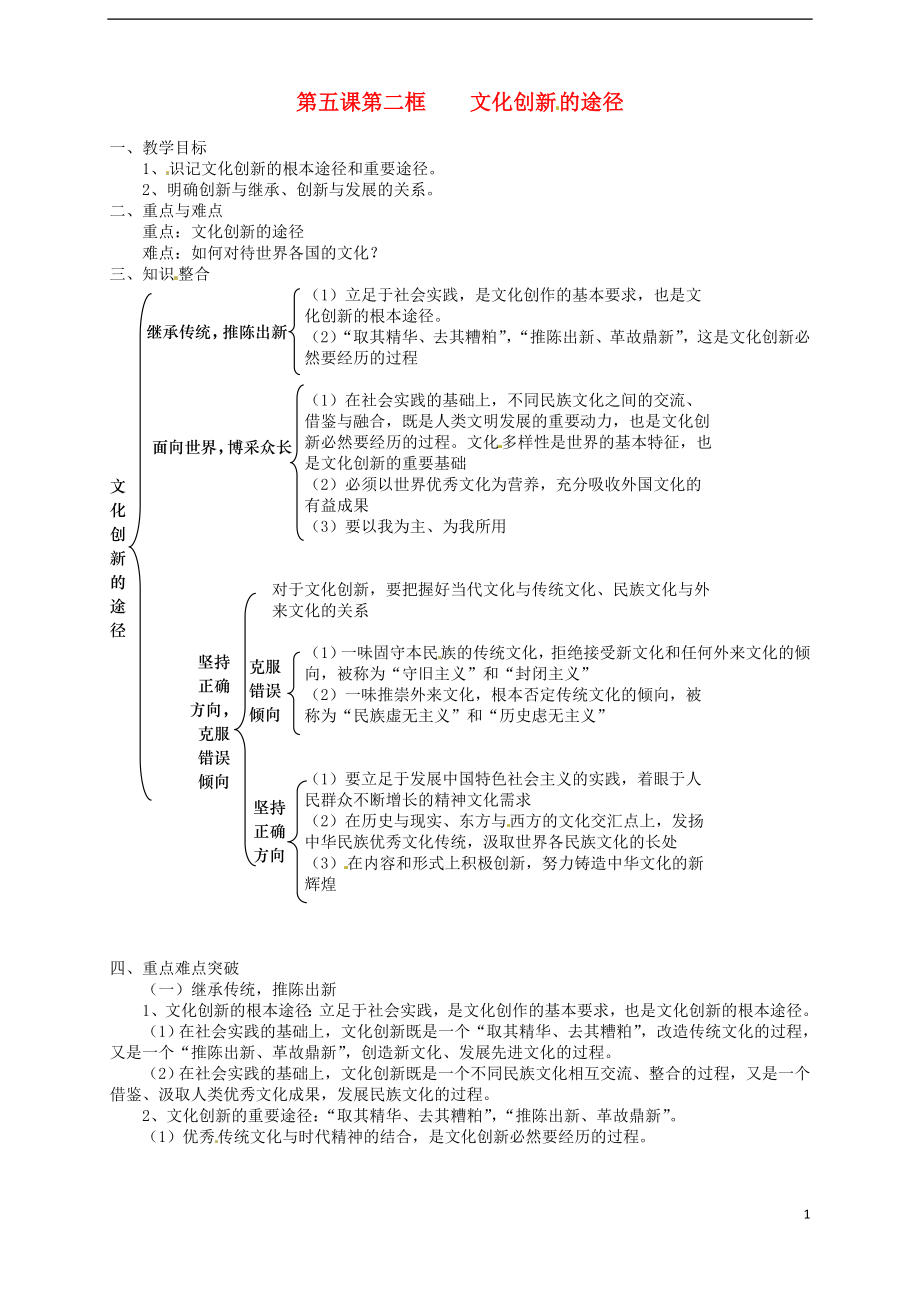 山東省武城縣第二中學(xué)高中政治 第5課 第2框《文化創(chuàng)新的途徑》教學(xué)案 新人教版必修3_第1頁