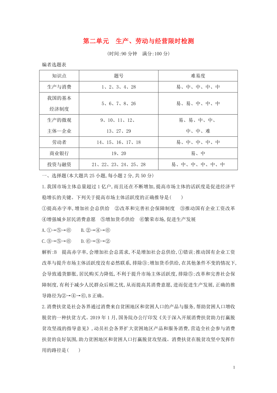 （廣東專用）2021版新高考政治一輪復(fù)習(xí) 經(jīng)濟(jì)生活 第二單元 生產(chǎn)、勞動(dòng)與經(jīng)營(yíng) 限時(shí)檢測(cè) 新人教版_第1頁(yè)