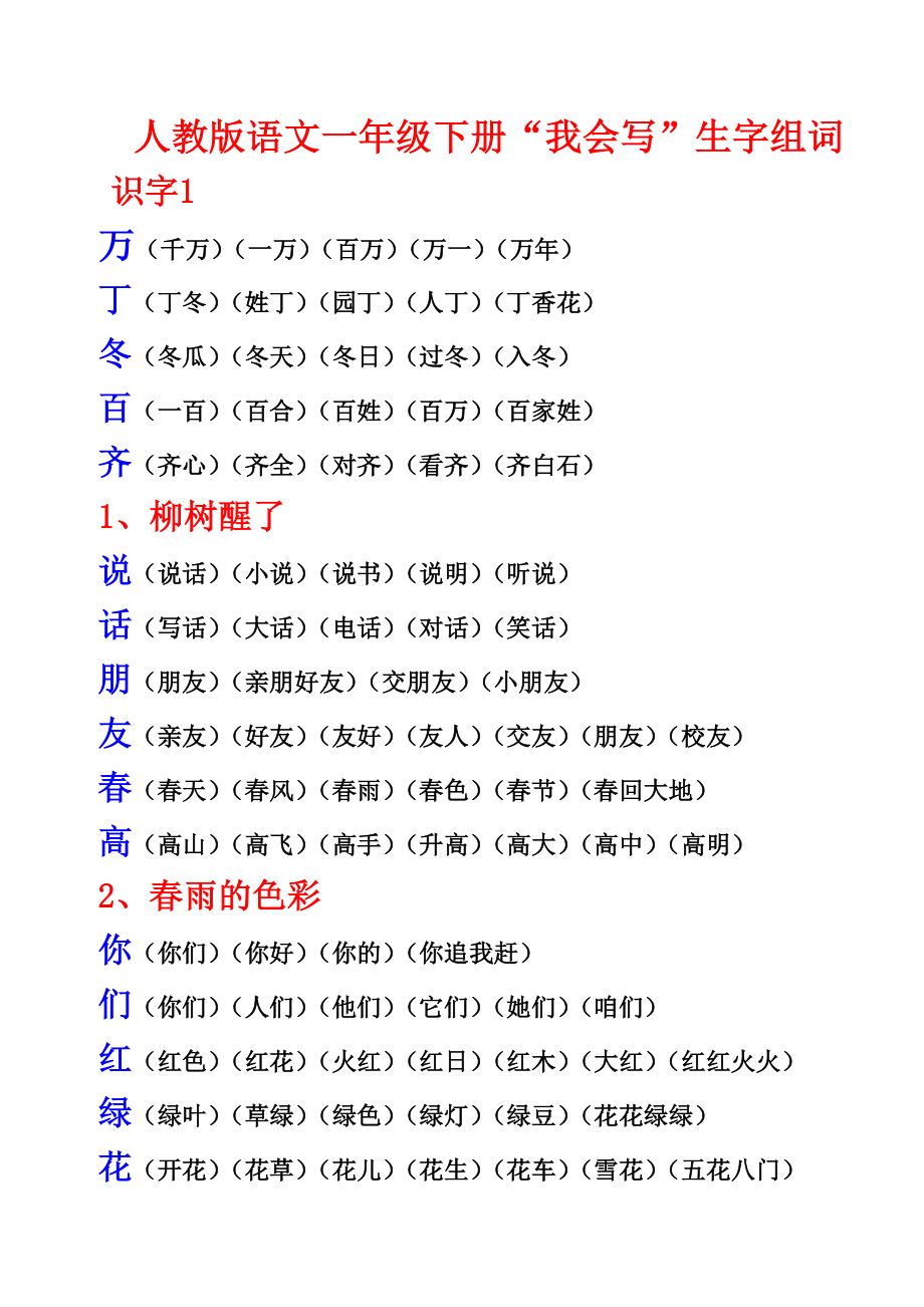 人教版语文一年级下册“我会写”生字组词_第1页