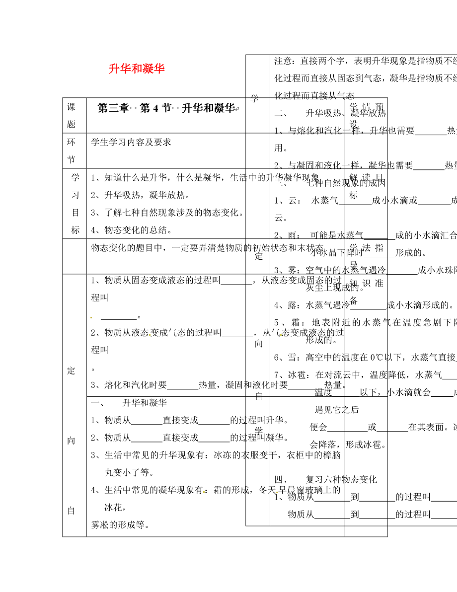 贵州省六盘水市第十三中学八年级物理上册第三章第4节升华和凝华导学案无答案新版新人教版_第1页