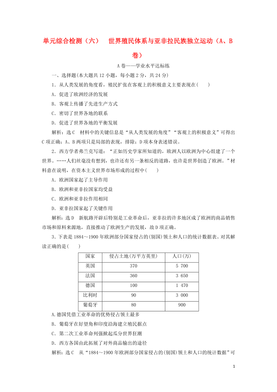 2019-2020学年新教材高中历史 单元综合检测（六）世界殖民体系与亚非拉民族独立运动（A、B卷） 新人教版必修《中外历史纲要下》_第1页