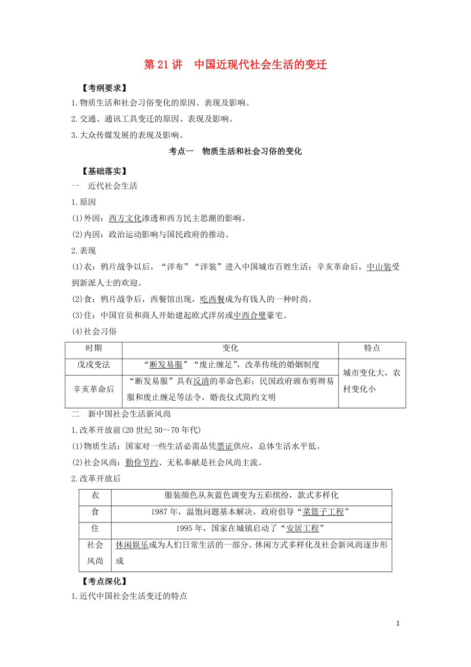 2020年高考?xì)v史 藝體生文化課 第八單元 工業(yè)文明沖擊下的中國(guó)近代經(jīng)濟(jì)和近現(xiàn)代社會(huì)生活的變遷 8.21 中國(guó)近現(xiàn)代社會(huì)生活的變遷練習(xí)_第1頁(yè)