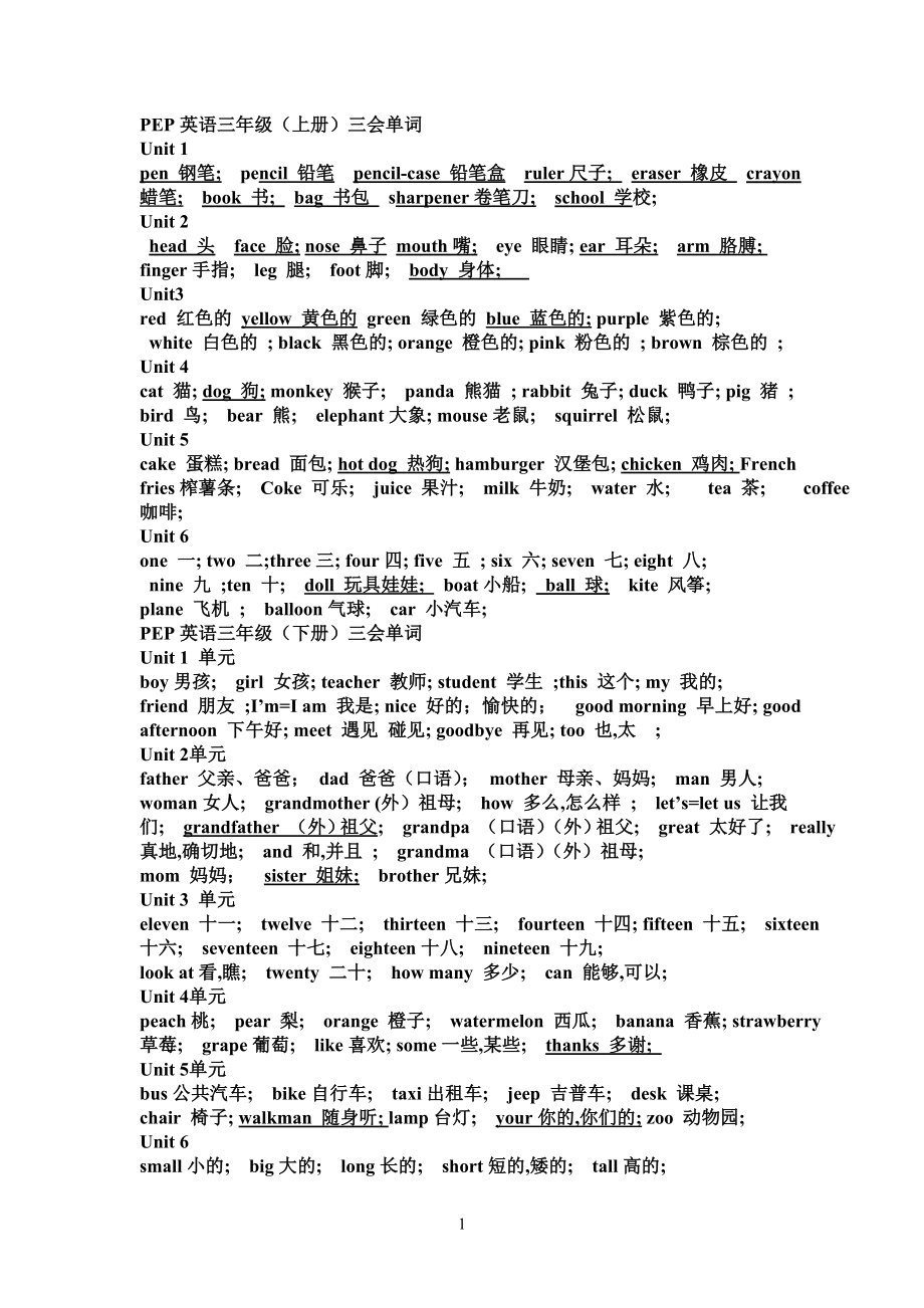 小學英語全年級單詞匯總_第1頁