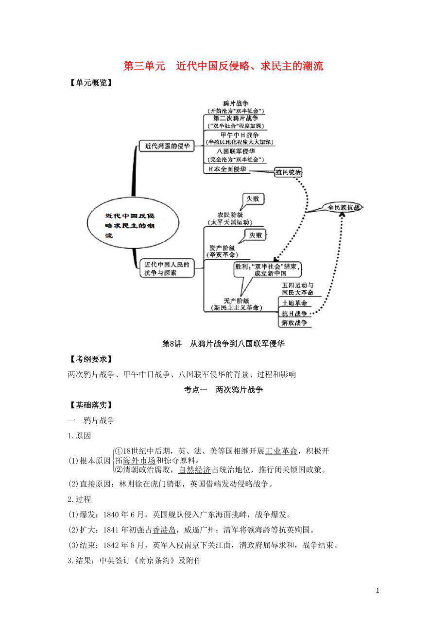 2020年高考歷史 藝體生文化課 第三單元 近代中國反侵略、求民主的潮流 3.8 從鴉片戰(zhàn)爭到八國聯(lián)軍侵華練習_第1頁