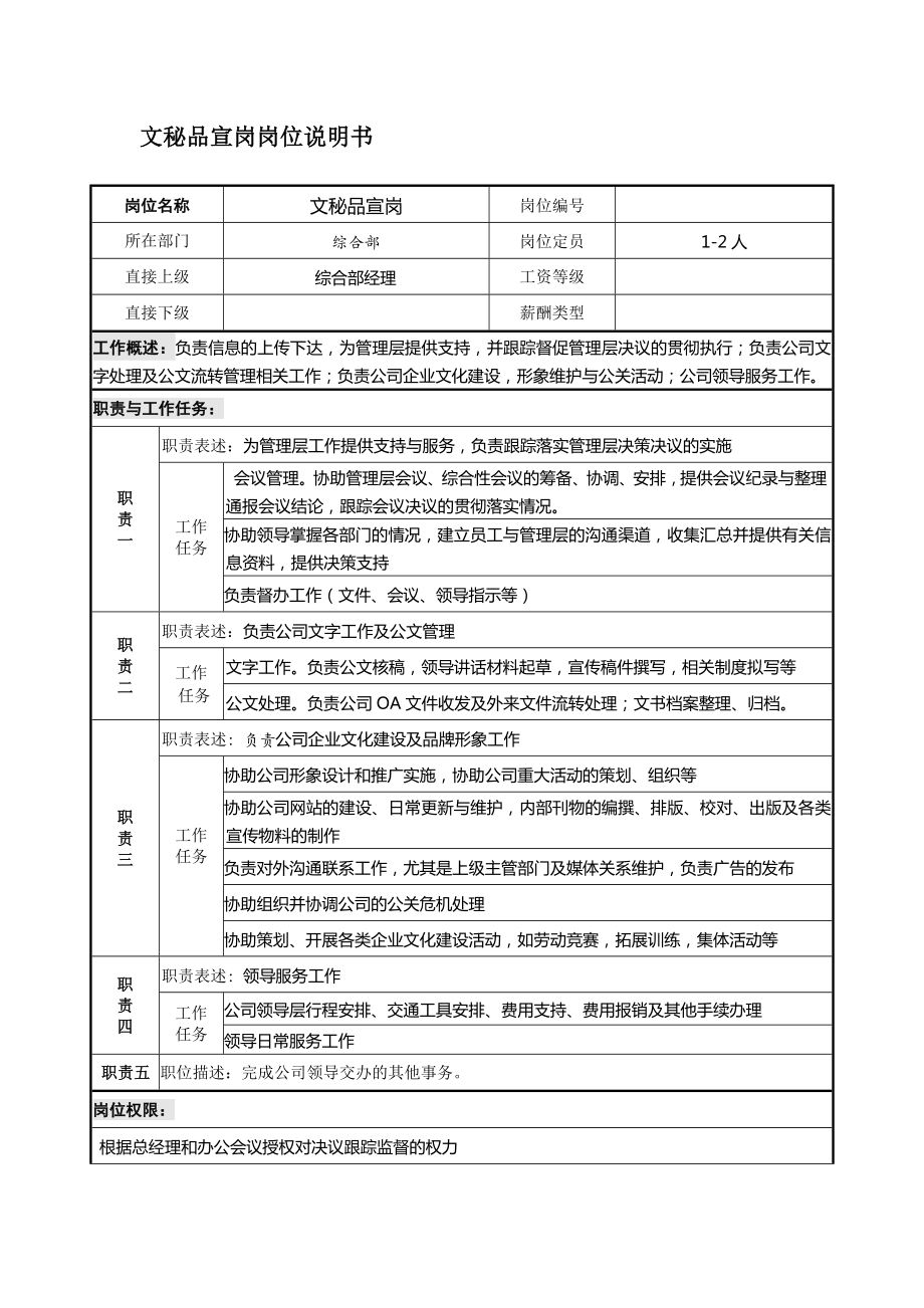 企业文秘品宣岗位职责说明书_第1页