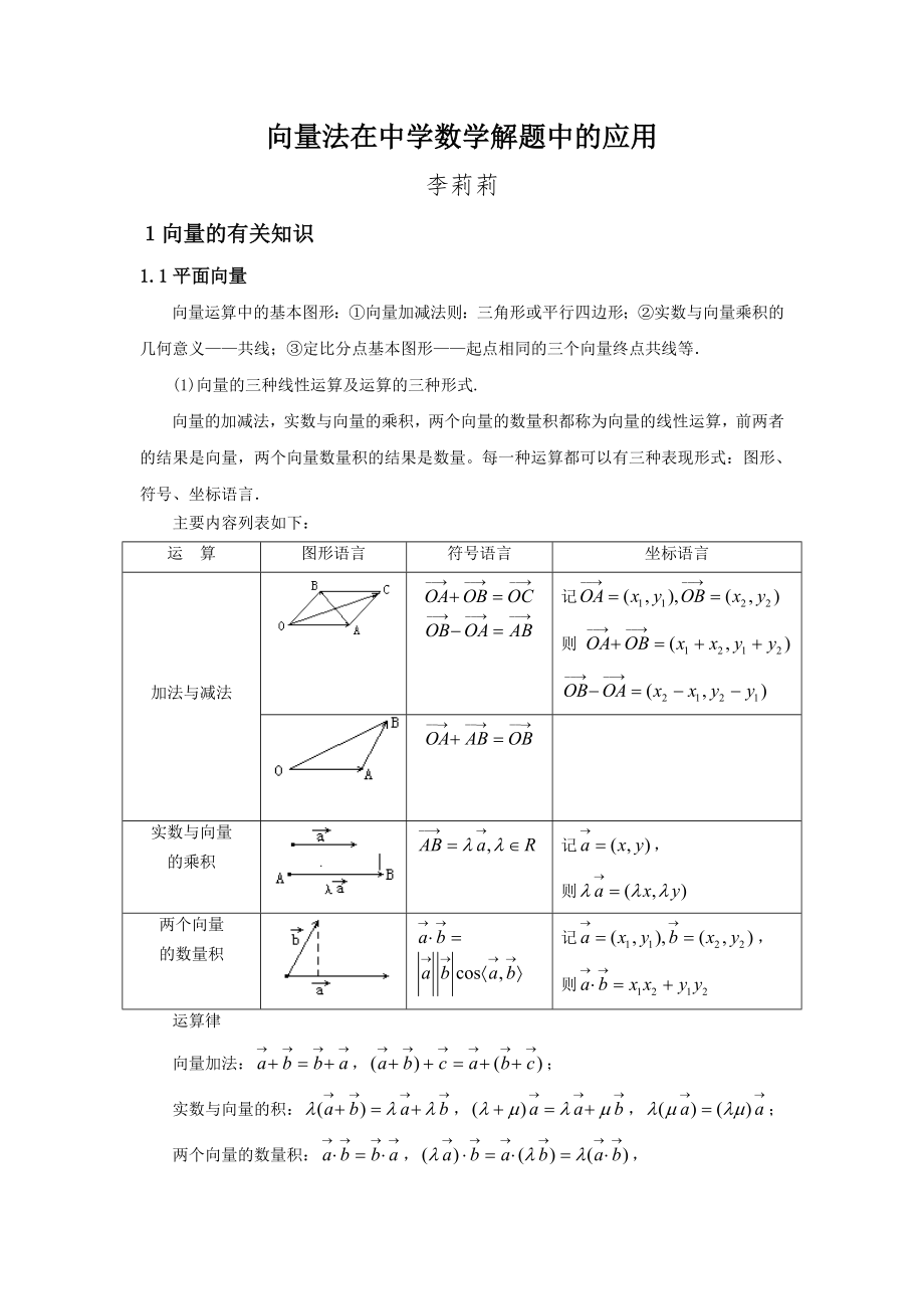 向量法在中学数学解题中的应用_第1页