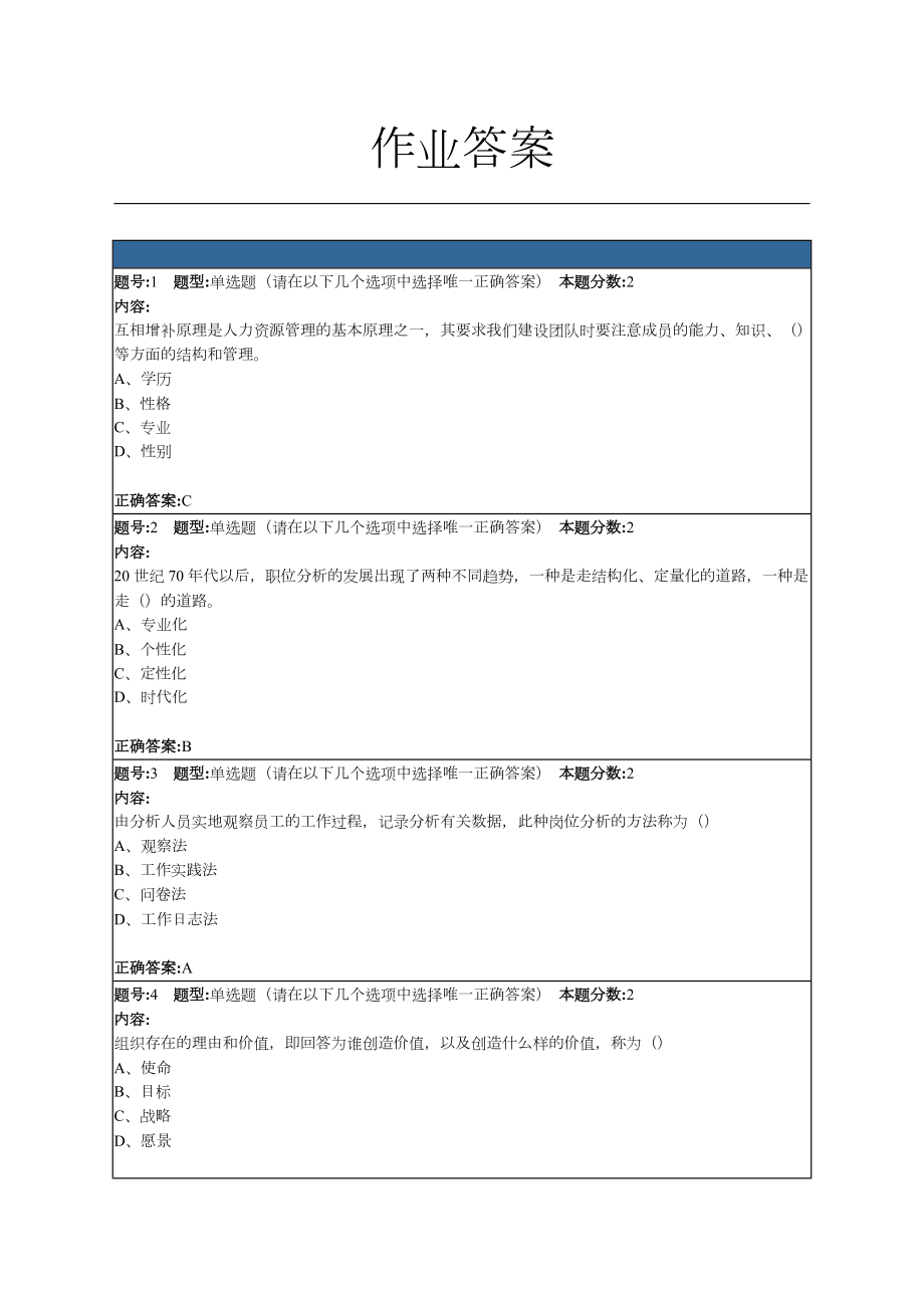 南京大学网络教育学院-人力资源管理概论第1、2次作业答案_第1页