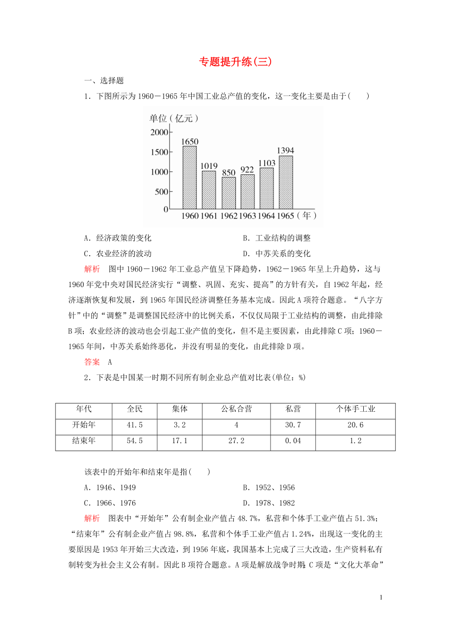 2020春高中歷史 專題三 中國社會主義建設道路的探索 專題提升練（三） 人民版必修2_第1頁