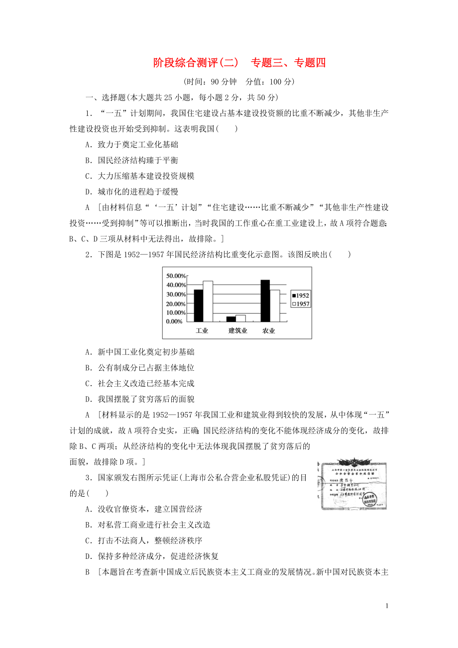 2019-2020學年高中歷史 階段綜合測評2 專題三、專題四 人民版必修2_第1頁