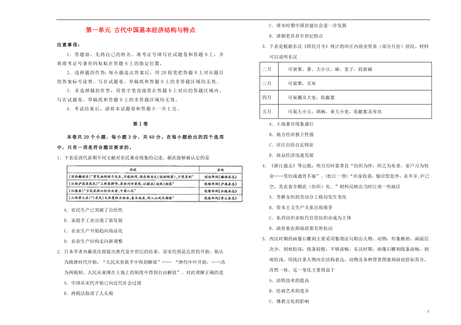 2019高中历史 第一单元 古代中国基本经济结构与特点单元测试（一）新人教版必修2_第1页