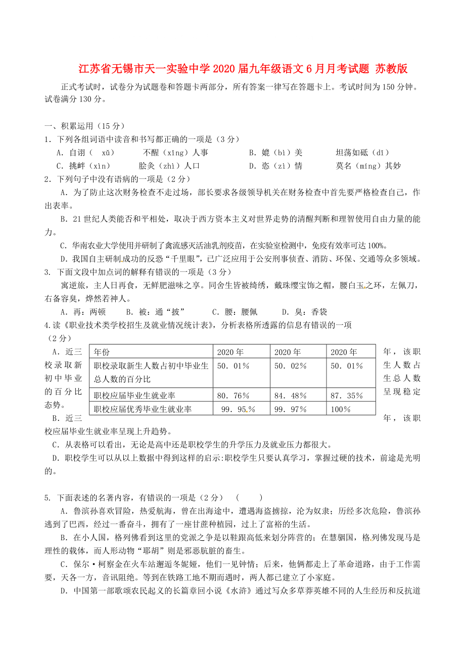 江苏省无锡市天一实验中学九年级语文6月月考试题苏教版_第1页