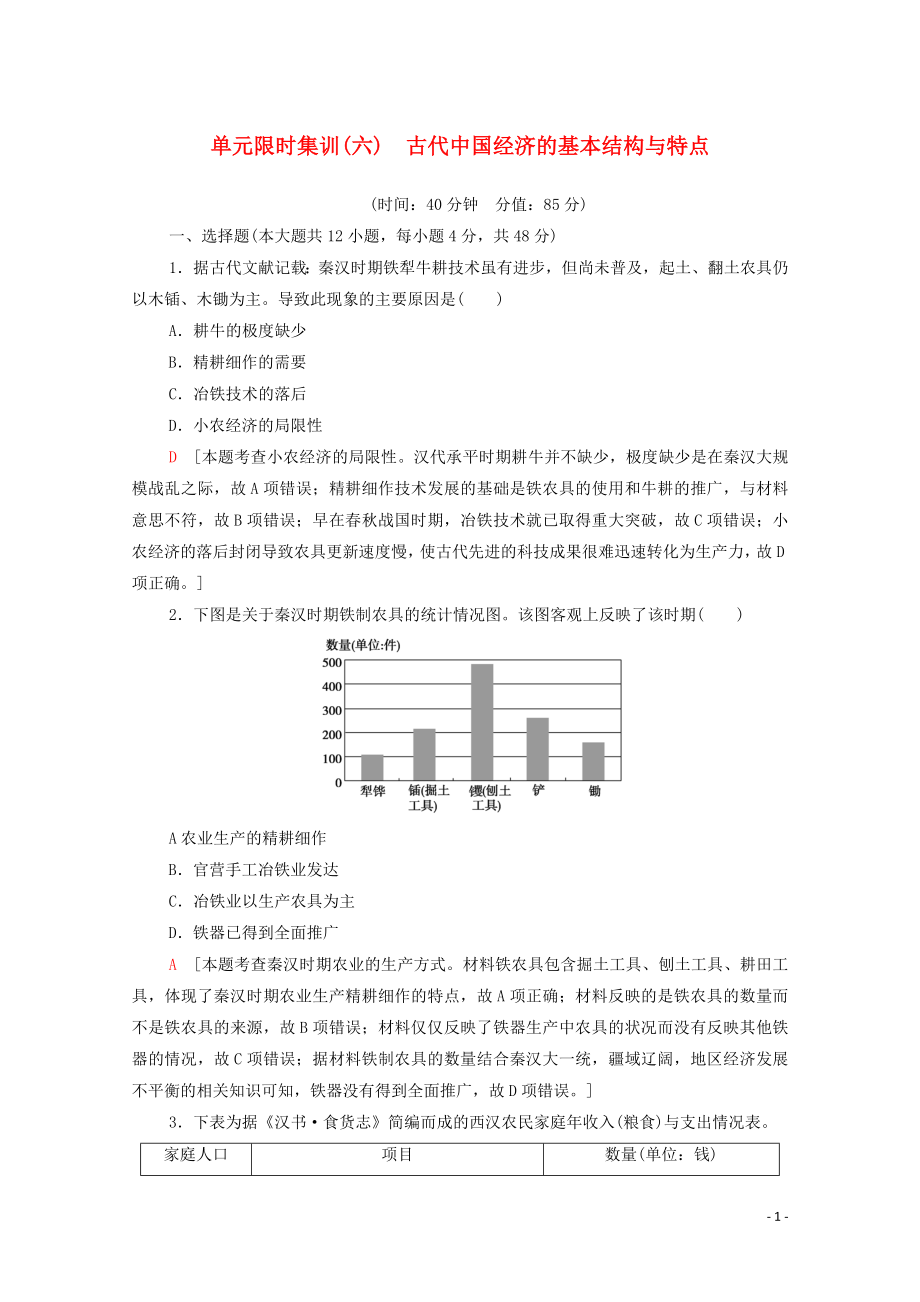 2021高考?xì)v史一輪復(fù)習(xí) 單元限時集訓(xùn)6 古代我國經(jīng)濟(jì)的基本結(jié)構(gòu)與特點 新人教版_第1頁