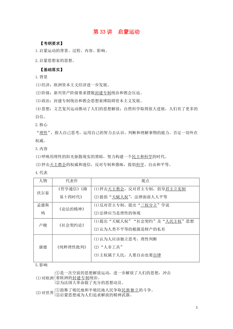 2020年高考?xì)v史 藝體生文化課 第十三單元 西方人文精神的起源及發(fā)展 13.33 啟蒙運(yùn)動(dòng)練習(xí)_第1頁(yè)