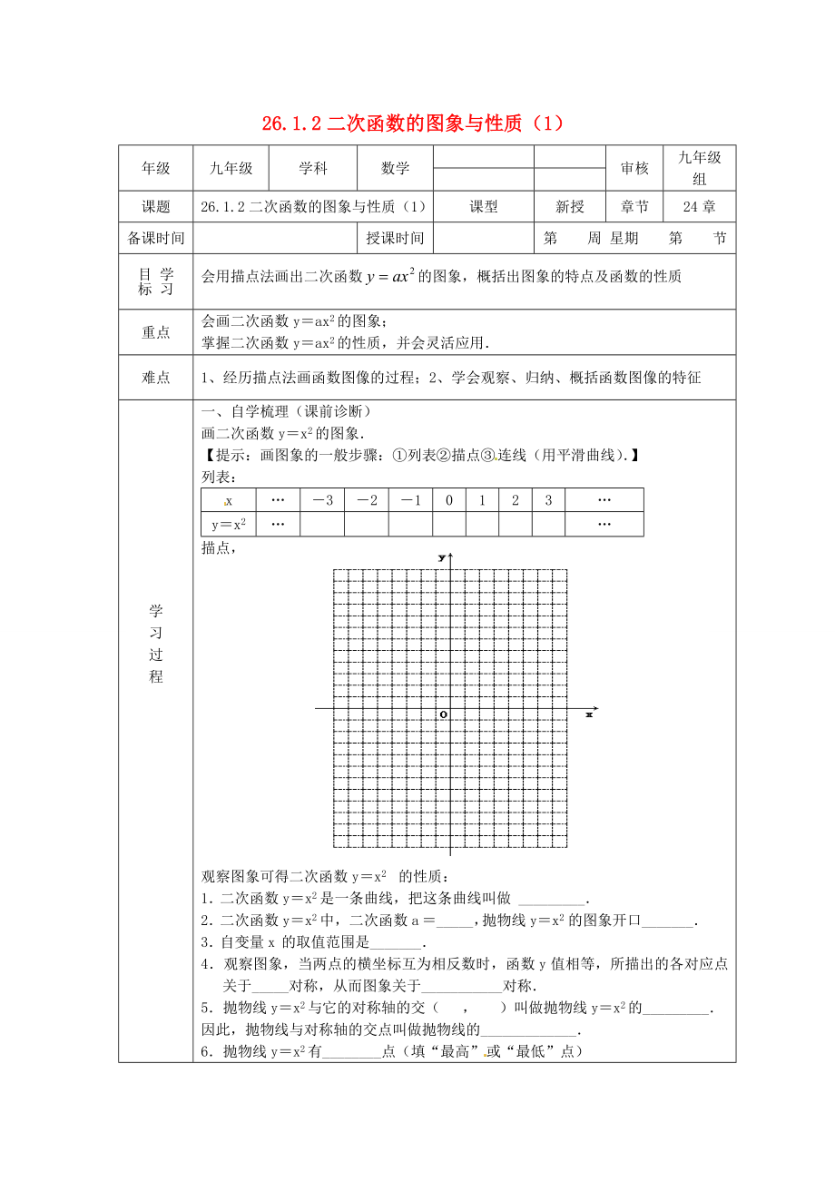 山东省泰安市岱岳区徂徕镇第一中学九年级数学下册26.1.2二次函数的图像和性质学案无答案新人教版_第1页