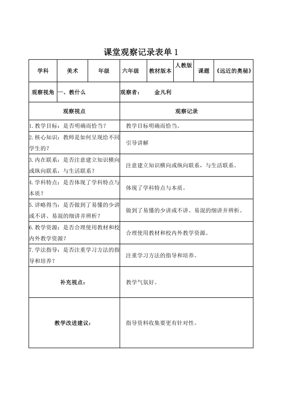 课堂观察记录表单金凡利_第1页