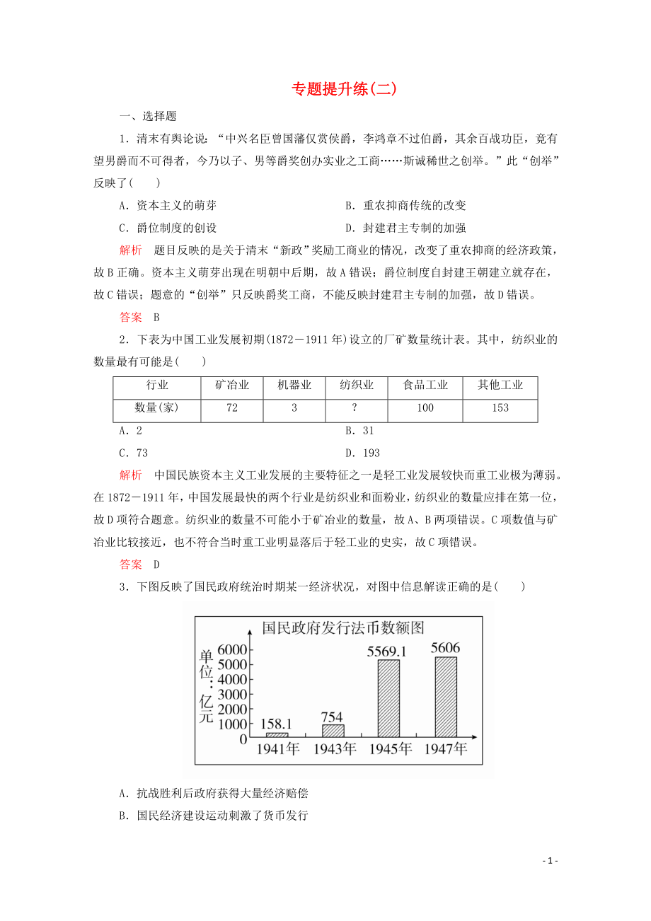 2020春高中歷史 專題二 近代中國資本主義的曲折發(fā)展 專題提升練（二） 人民版必修2_第1頁