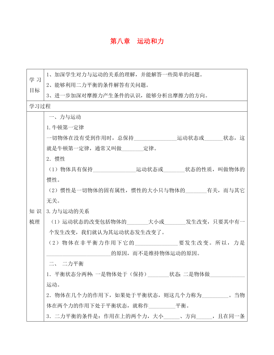 河北省遵化市石门镇义井铺中学八年级物理下册第八章运动和力复习导学案无答案新版新人教版_第1页