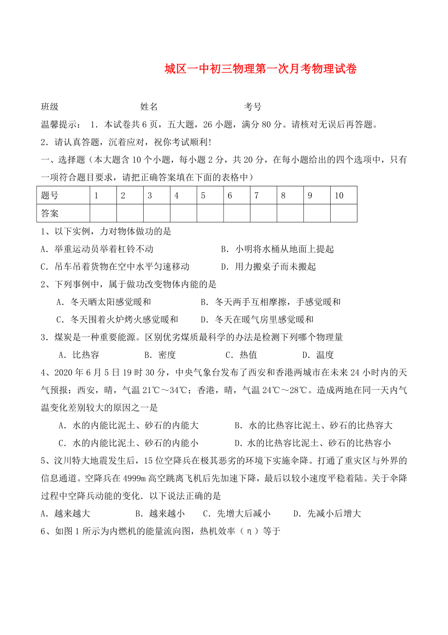 山西省长治市城区一中九年级物理下月考题沪粤版_第1页