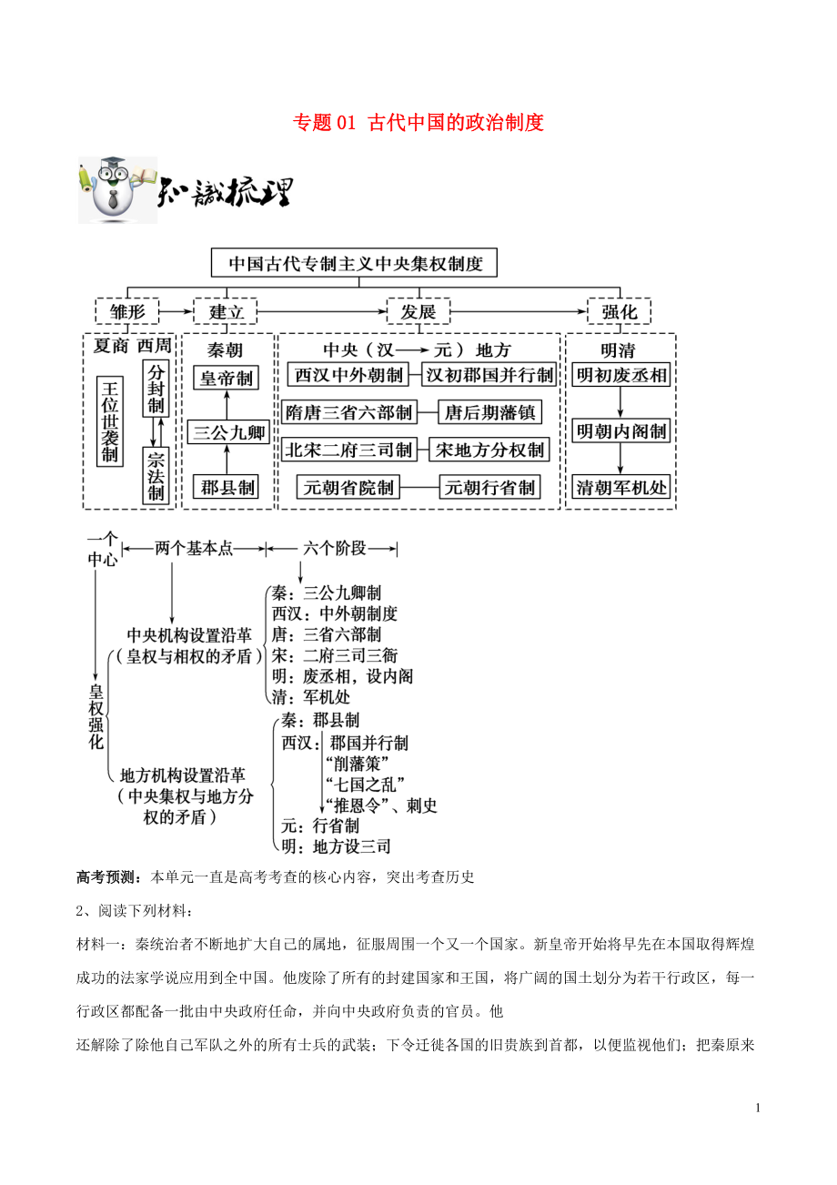 2019年高考歷史一輪總復習 巔峰沖刺 專題01 古代中國的政治制度突破（含解析）_第1頁