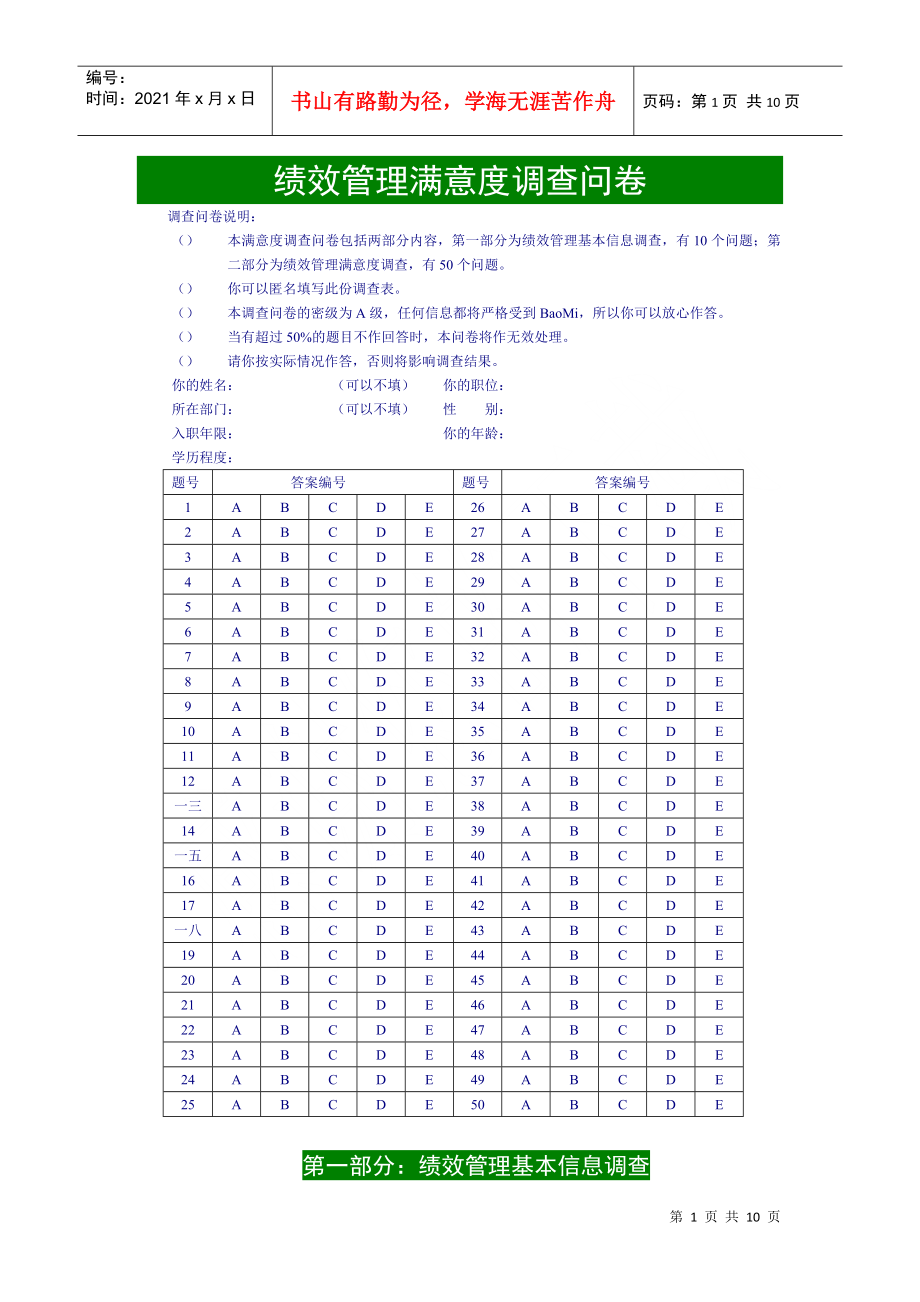 绩效管理满意度调查问卷_第1页