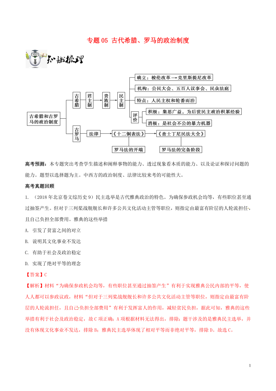 2019年高考歷史一輪總復(fù)習(xí) 巔峰沖刺 專題05 古代希臘、羅馬的政治制度突破（含解析）_第1頁