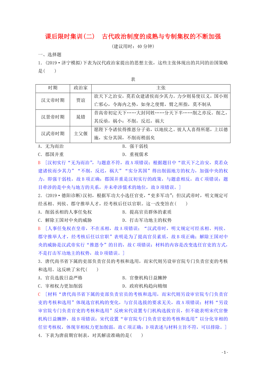 2020版高考?xì)v史一輪復(fù)習(xí) 課后限時集訓(xùn)2 古代政治制度的成熟與專制集權(quán)的不斷加強(qiáng)（含解析）岳麓版_第1頁