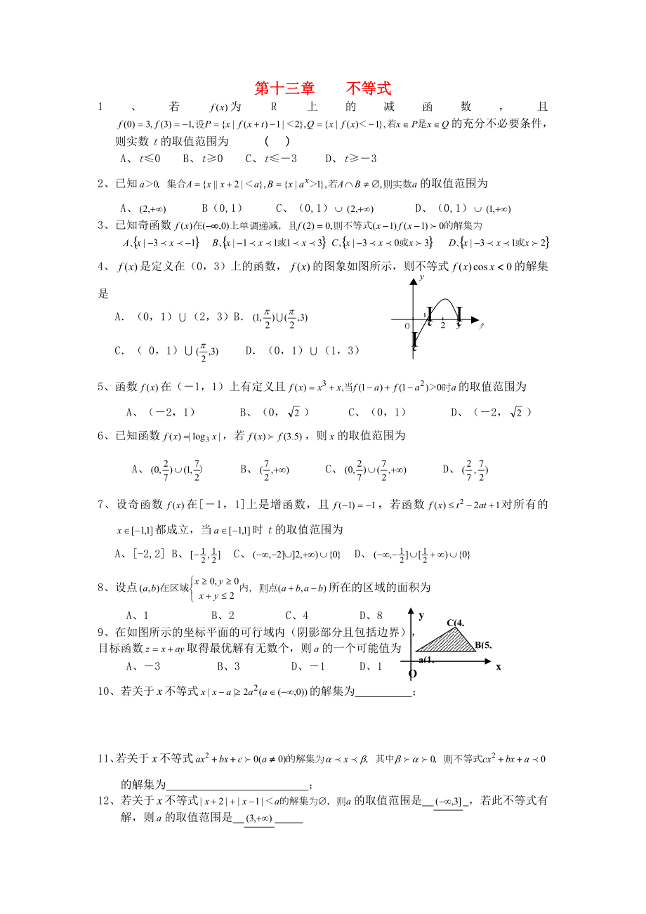 辽宁省抚顺市抚顺县高中高三数学第十三章不等式复习无答案新人教A版_第1页