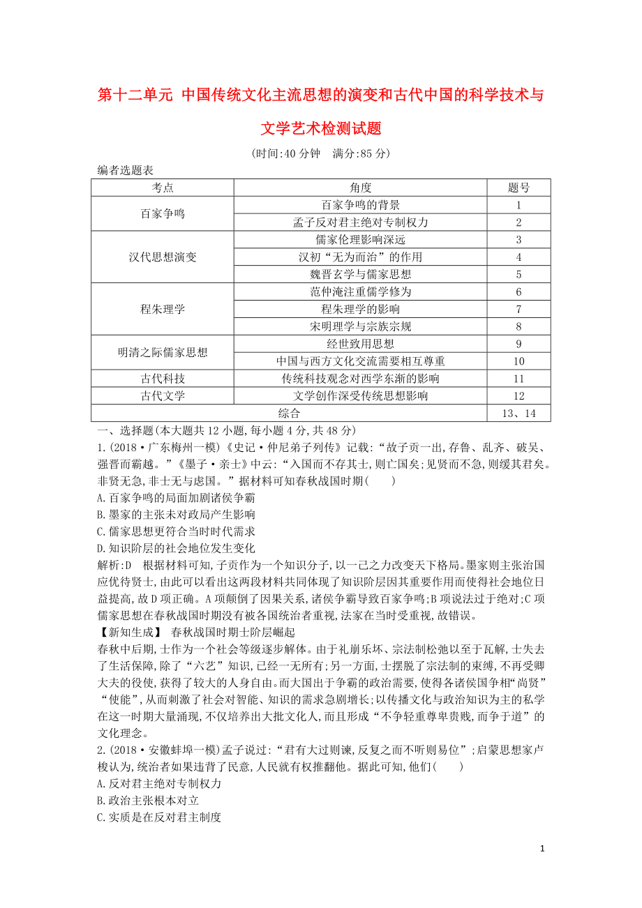 2020屆高考歷史一輪總復習 第12單元 中國傳統(tǒng)文化主流思想的演變和古代中國的科學技術與文學藝術單元檢測試題（含解析）新人教版_第1頁