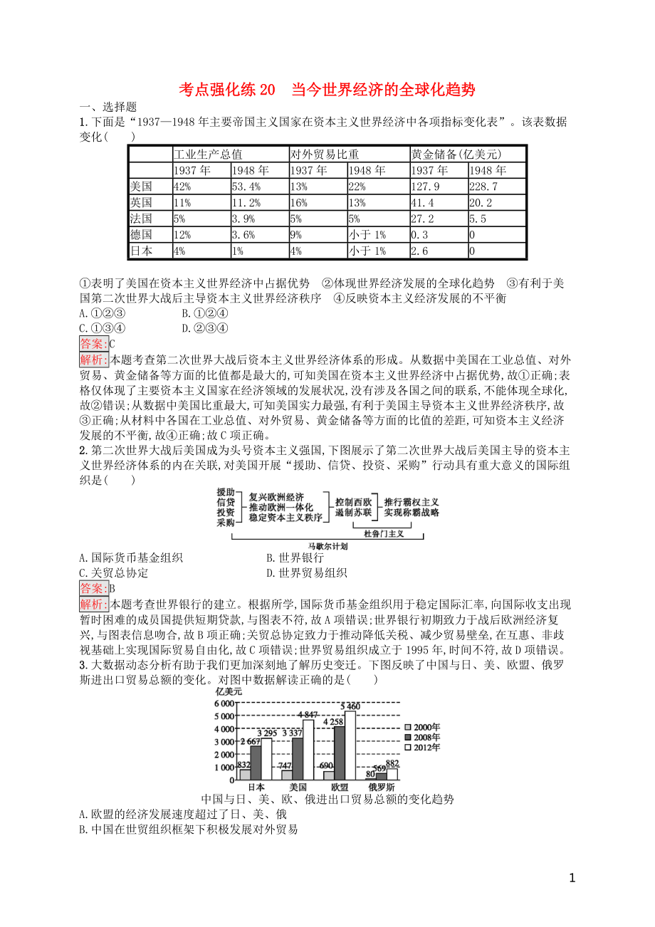 （浙江選考Ⅰ）2019高考歷史總復(fù)習(xí) 考點強化練20 當(dāng)今世界經(jīng)濟的全球化趨勢_第1頁