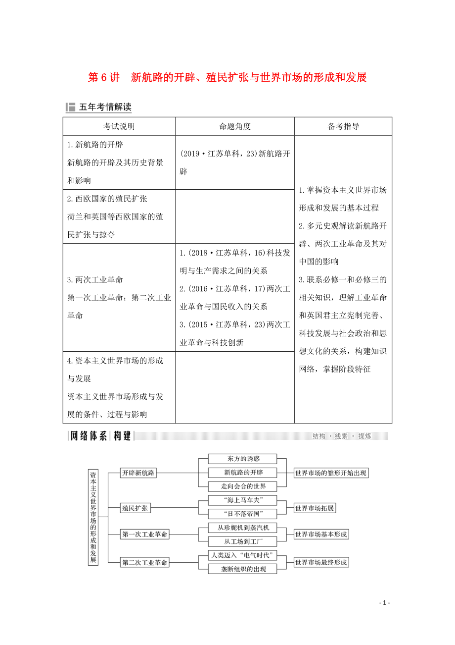 （江蘇專(zhuān)用）2020版高考?xì)v史大二輪復(fù)習(xí) 板塊二 近代世界 第6講 新航路的開(kāi)辟、殖民擴(kuò)張與世界市場(chǎng)的形成和發(fā)展練習(xí)_第1頁(yè)