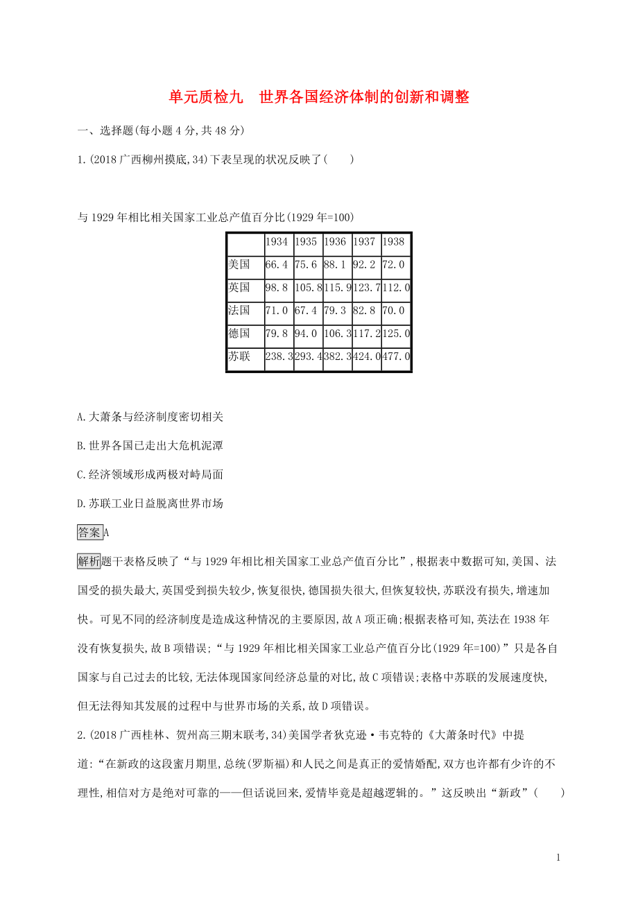 山東省2020版高考?xì)v史一輪復(fù)習(xí) 單元質(zhì)檢九 世界各國(guó)經(jīng)濟(jì)體制的創(chuàng)新和調(diào)整 新人教版_第1頁(yè)