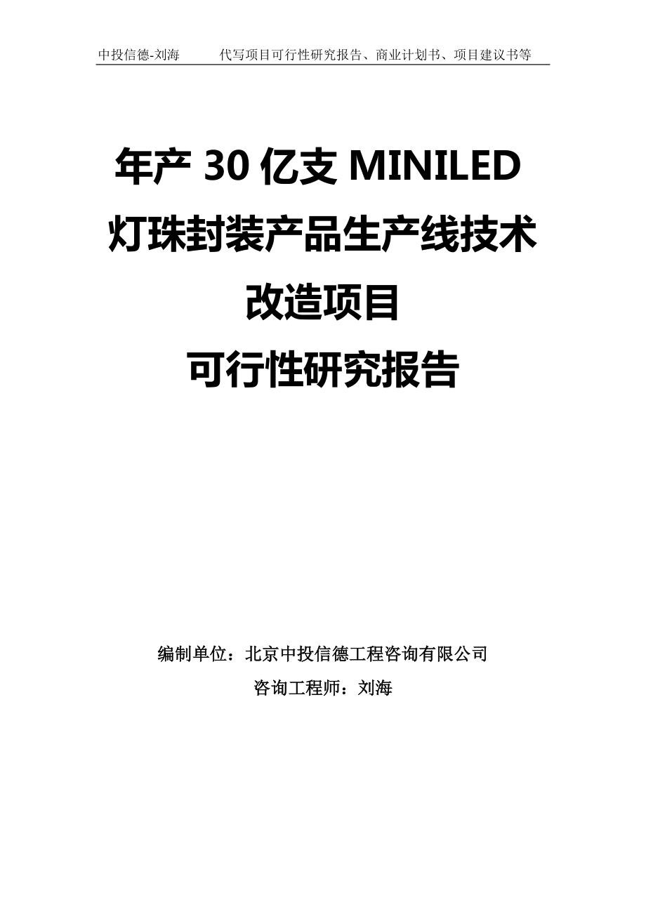 年产30亿支MINILED灯珠封装产品生产线技术改造项目可行性研究报告模板_第1页