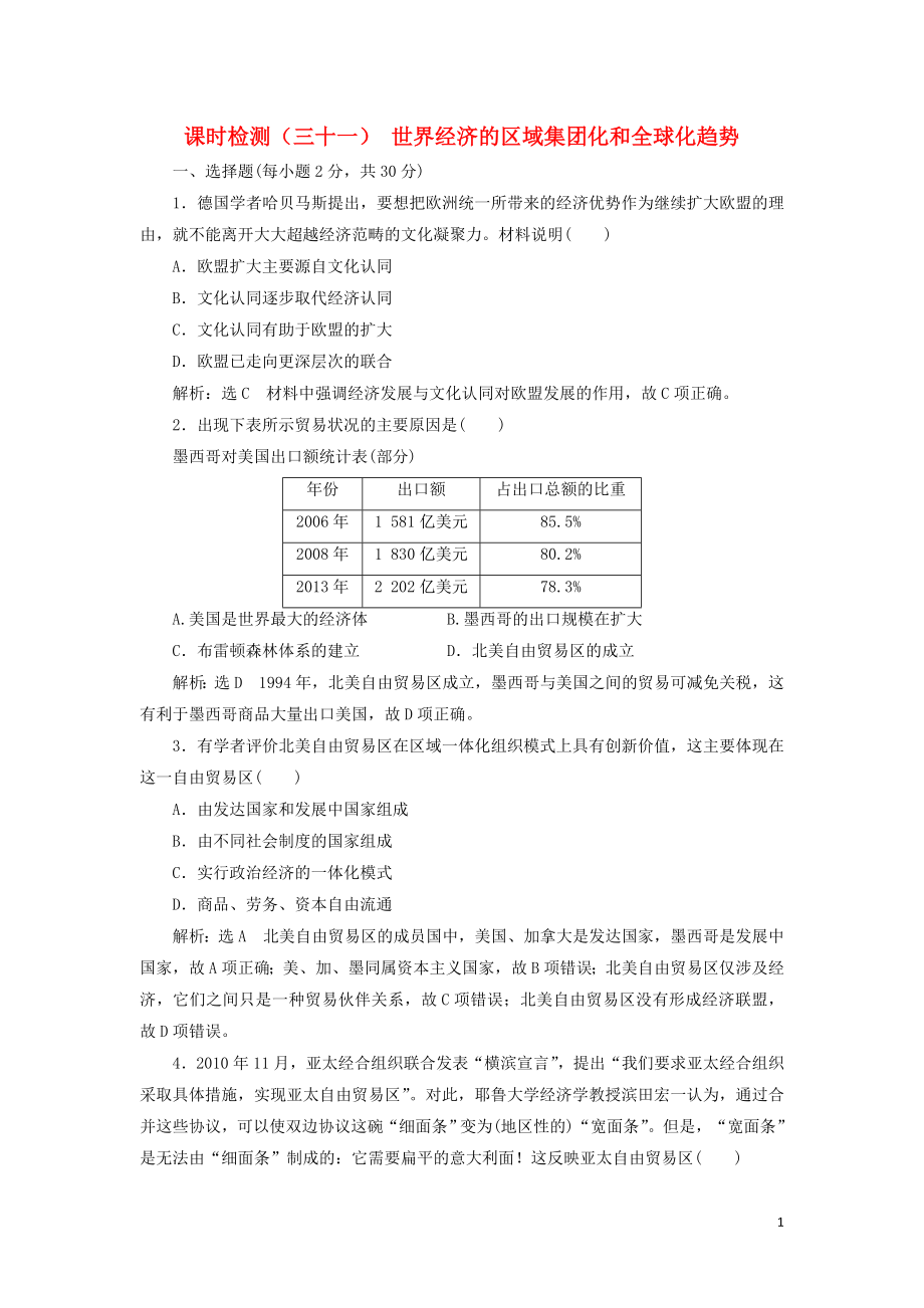 （新課改省份專用）2020版高考?xì)v史一輪復(fù)習(xí) 課時(shí)檢測（三十一）世界經(jīng)濟(jì)的區(qū)域集團(tuán)化和全球化趨勢（含解析）_第1頁