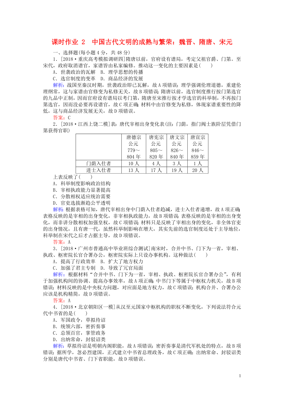 （通史版）2019版高考?xì)v史二輪復(fù)習(xí) 課時(shí)作業(yè)2 中國(guó)古代文明的成熟與繁榮：魏晉、隋唐、宋元_第1頁(yè)