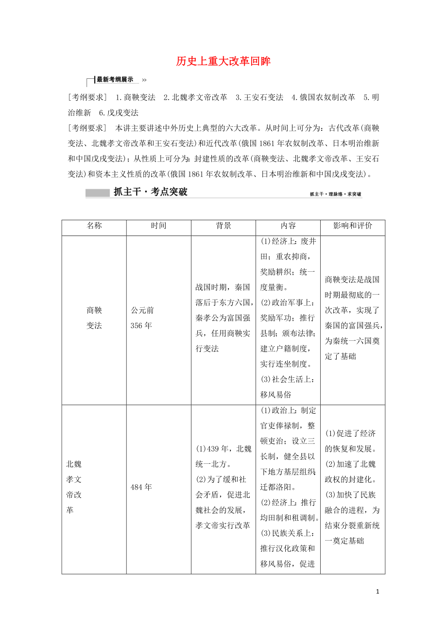 （新课标）2020年高考历史一轮总复习 历史上重大改革回眸限时训练（含解析）新人教版选修1_第1页