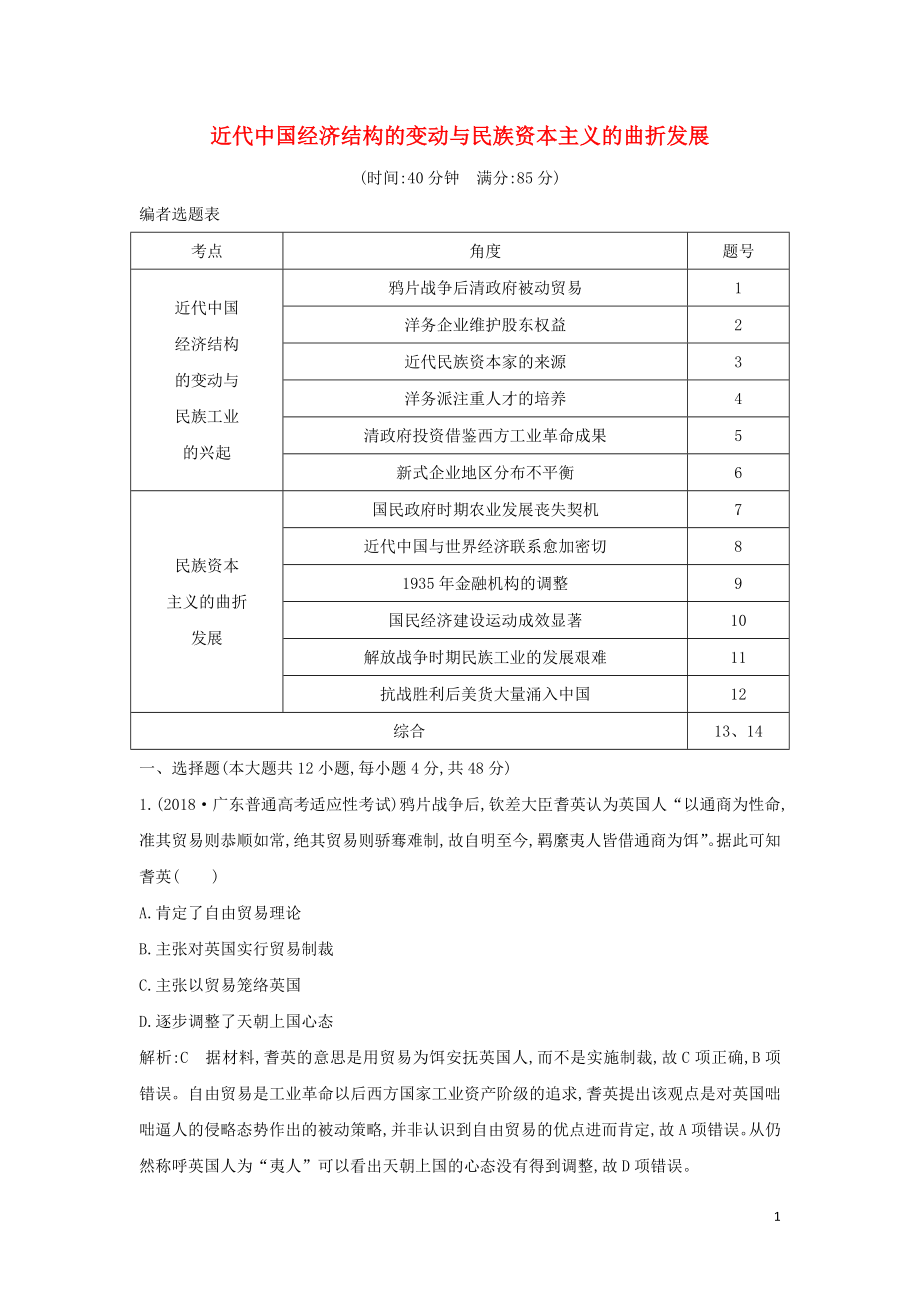 （通史B版）2020屆高考?xì)v史一輪復(fù)習(xí) 第九單元 近代我國(guó)經(jīng)濟(jì)結(jié)構(gòu)的變動(dòng)與民族資本主義的曲折發(fā)展檢測(cè)試題（含解析）_第1頁(yè)