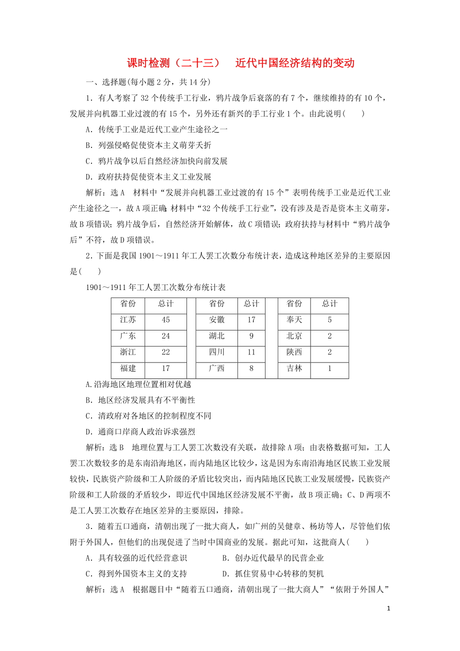 （新課改省份專用）2020版高考?xì)v史一輪復(fù)習(xí) 課時(shí)檢測(cè)（二十三）近代我國(guó)經(jīng)濟(jì)結(jié)構(gòu)的變動(dòng)（含解析）_第1頁(yè)