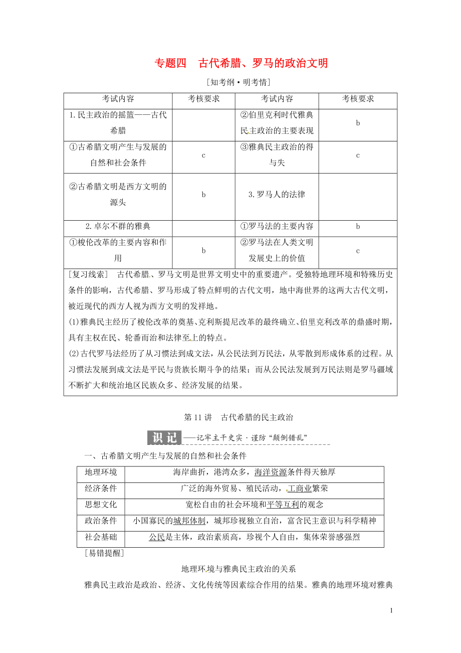 （浙江選考）2019屆高考歷史學業(yè)水平考試 專題四 古代希臘、羅馬的政治文明 第11講 古代希臘的民主政治（含解析）_第1頁