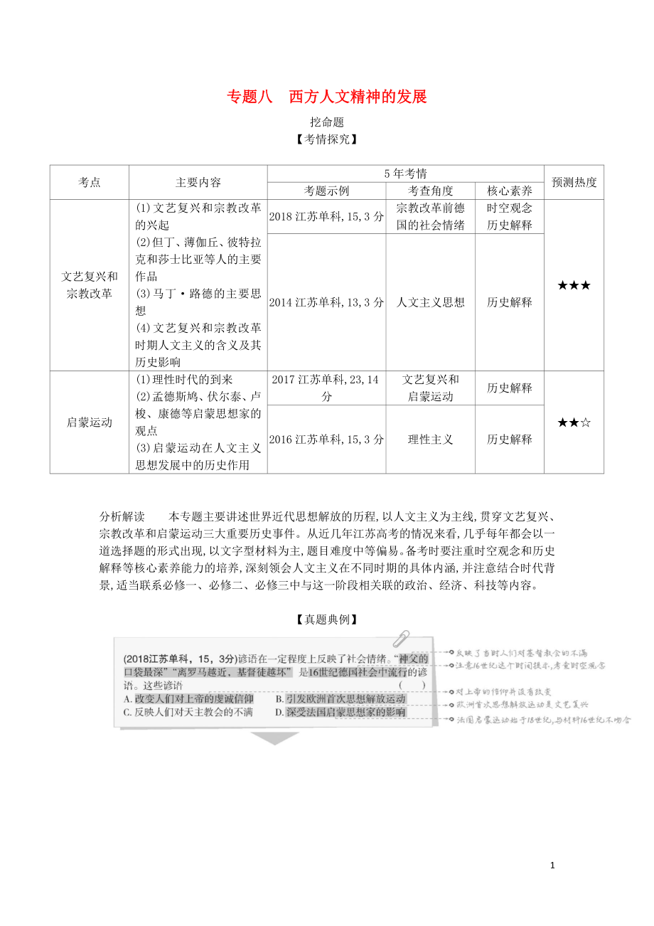 （江蘇專版）2020版高考歷史一輪總復習 第三部分 世界近代史 專題八 西方人文精神的發(fā)展講義_第1頁