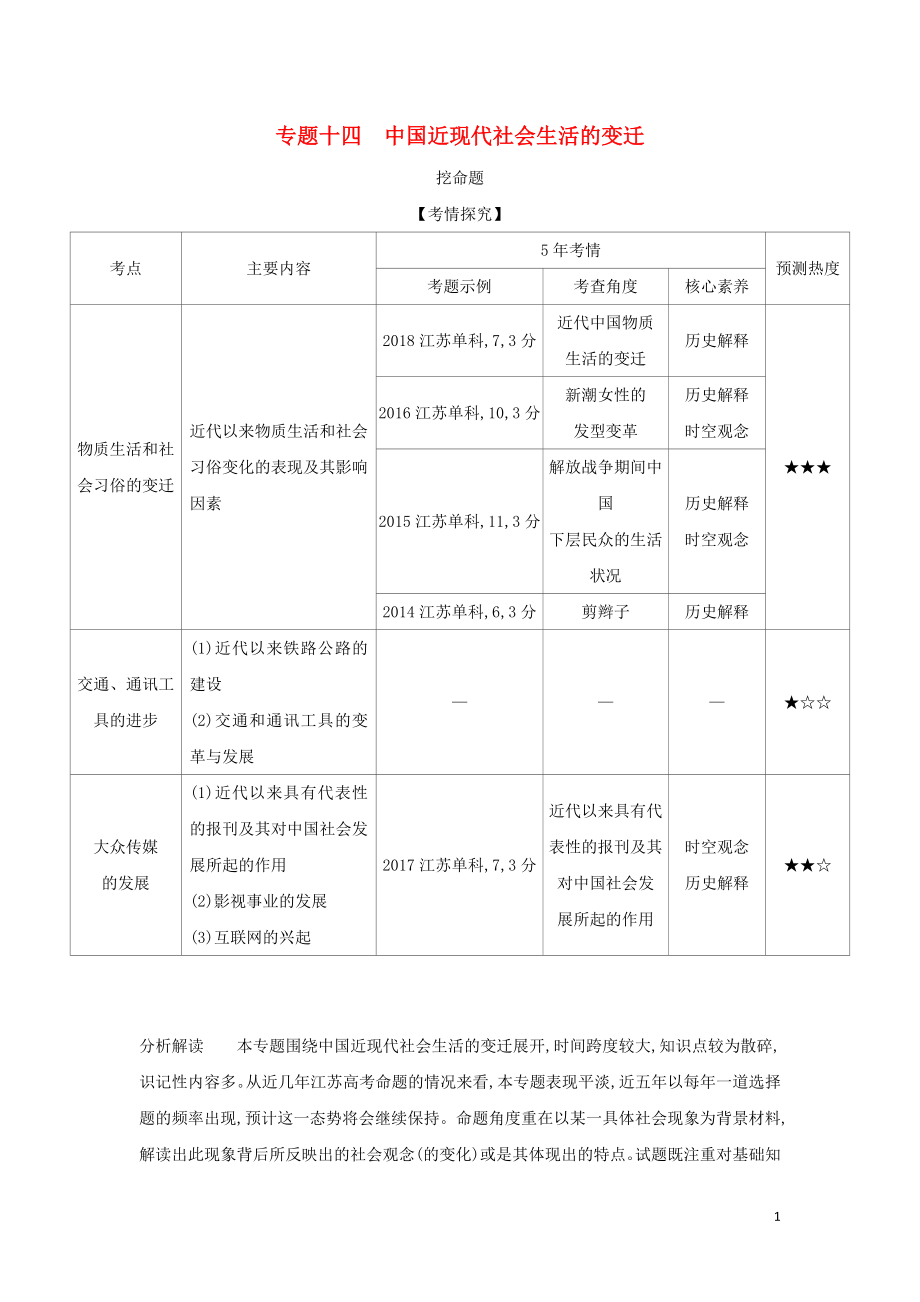 （江蘇專版）2020版高考?xì)v史一輪總復(fù)習(xí) 第四部分 中國(guó)近代史 專題十四 中國(guó)近現(xiàn)代社會(huì)生活的變遷講義_第1頁(yè)