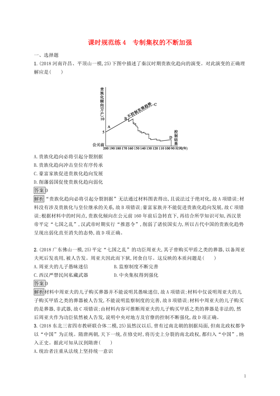 （山東專用）2020版高考?xì)v史大一輪復(fù)習(xí) 第1單元 中國古代的政治制度 課時(shí)規(guī)范練4 專制集權(quán)的不斷加強(qiáng) 岳麓版_第1頁